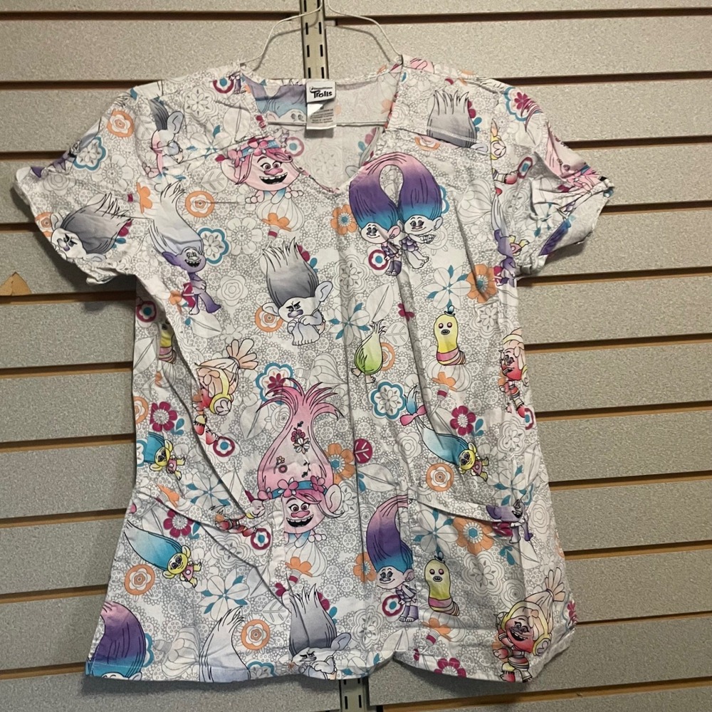 DreamWorks Trolls Scrub Top Womens Medium V-Neck Poppy Branch White‎ Multicolor